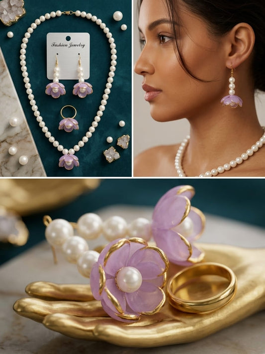 Lavender Floral Pearl Jewelry Set , 3 Piece  Accent Fashion Jewellery"